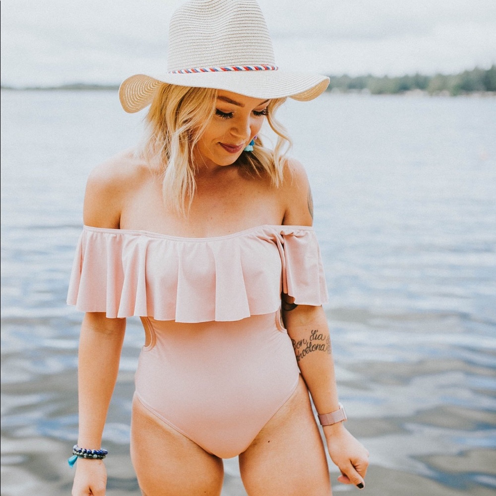 Blush pink over the shoulder swimsuit one piece